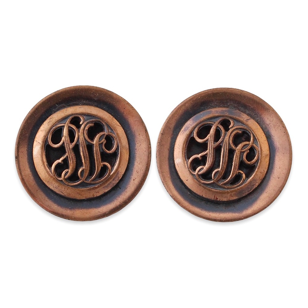 Vintage Copper Monogram Clip On Earrings Large Round Disc with Ornate Scrollwork